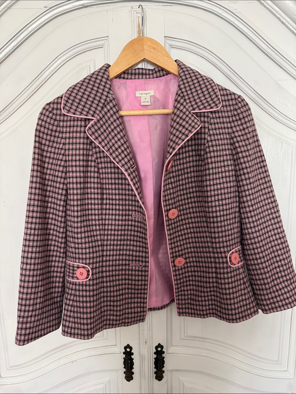 Halogen Pink Houndstooth Blazer Jacket Taylored Workwear Wool Women’s Size M
